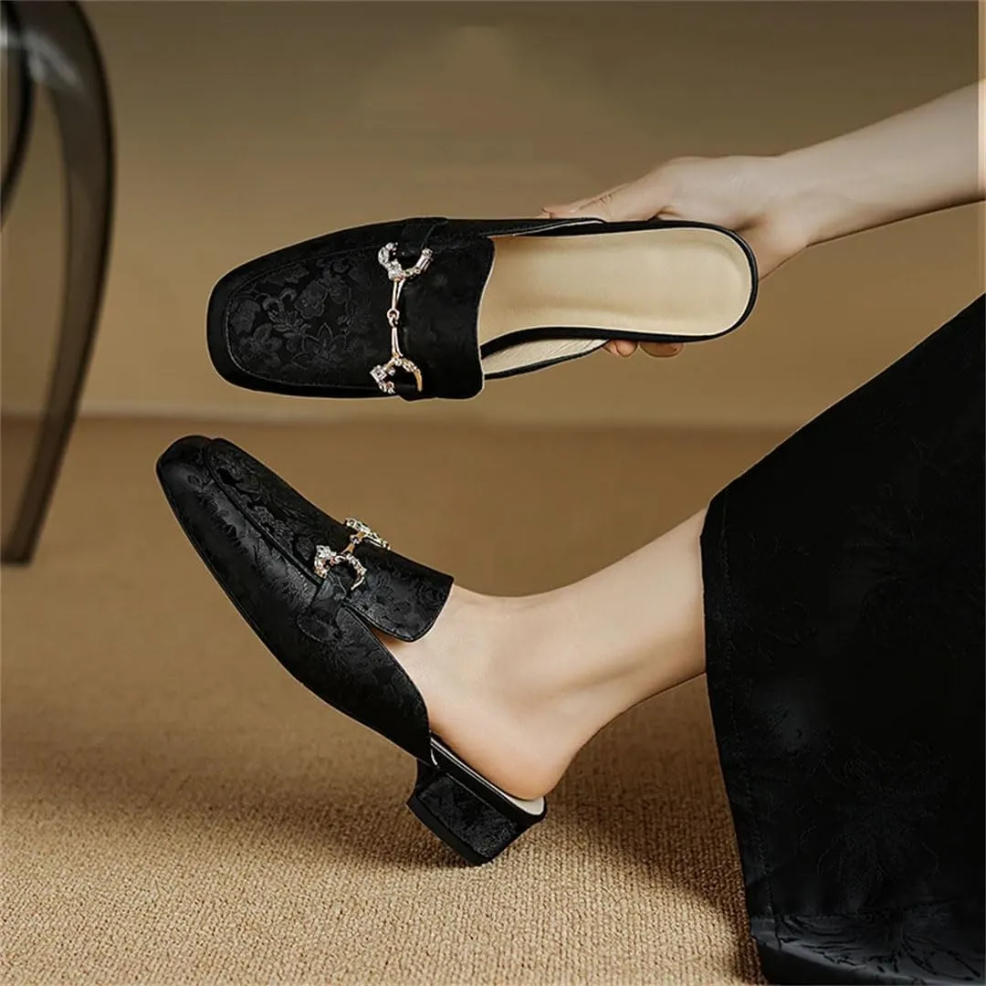 WomenS Genuine Leather Round Toe Slip-On Mules with Medium Square Heel & Chain Detail Pull-On Daily Wear Mules