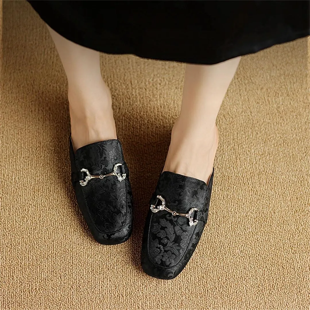 WomenS Genuine Leather Round Toe Slip-On Mules with Medium Square Heel & Chain Detail Pull-On Daily Wear Mules