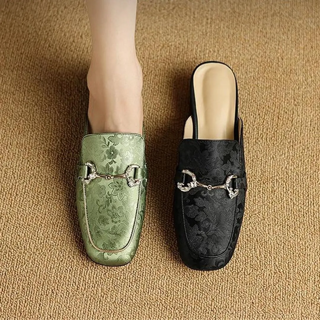 WomenS Genuine Leather Round Toe Slip-On Mules with Medium Square Heel & Chain Detail Pull-On Daily Wear Mules