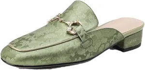 WomenS Genuine Leather Round Toe Slip-On Mules with Medium Square Heel & Chain Detail Pull-On Daily Wear Mules