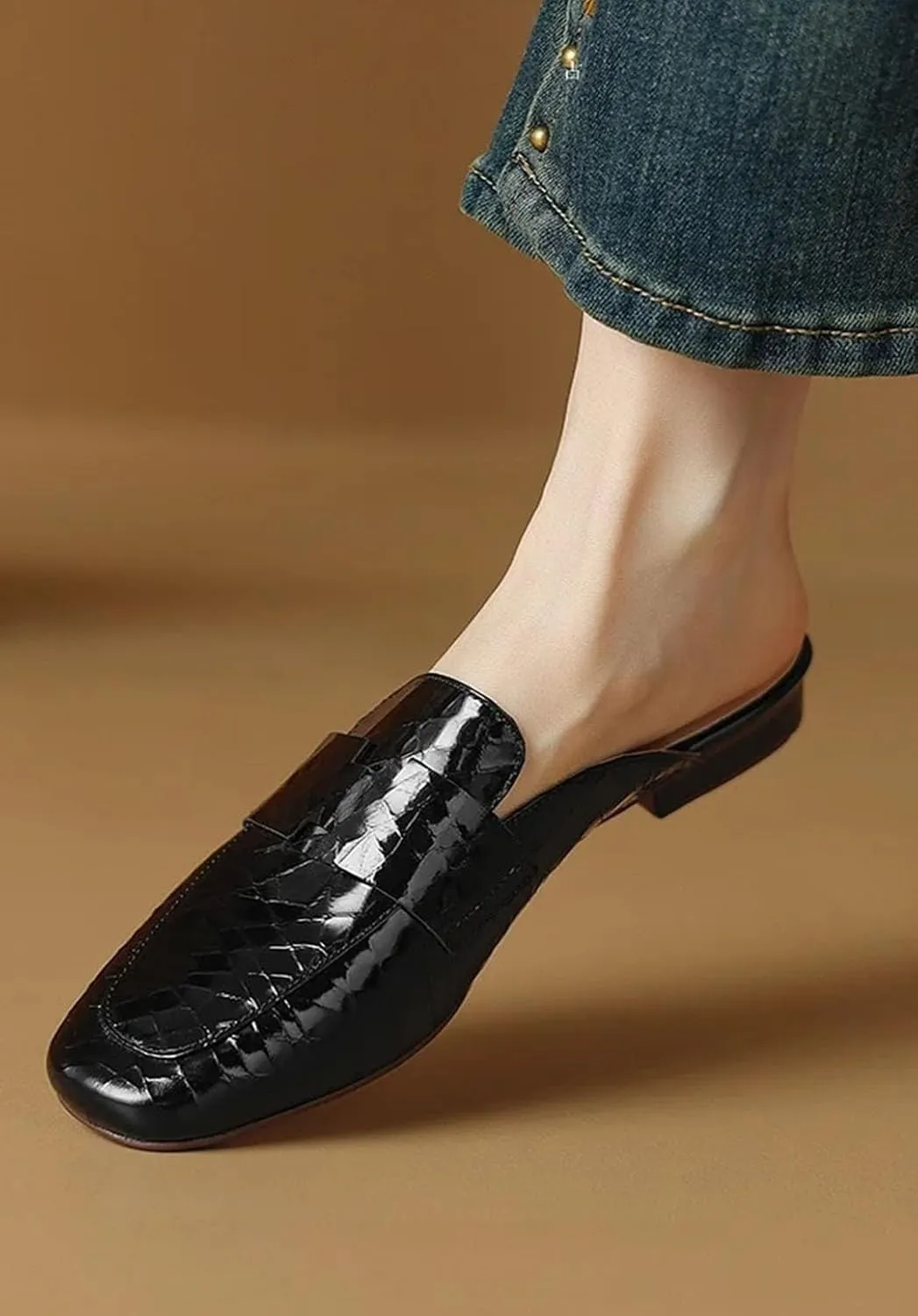 WomenS Genuine Leather Sheepskin Insole Low Square Heel Pointed Toe Retro Fashion Soft Breathable Mules