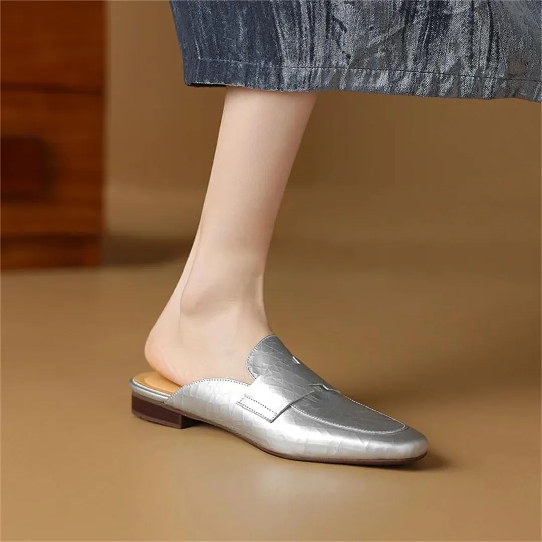 WomenS Genuine Leather Sheepskin Insole Low Square Heel Pointed Toe Retro Fashion Soft Breathable Mules