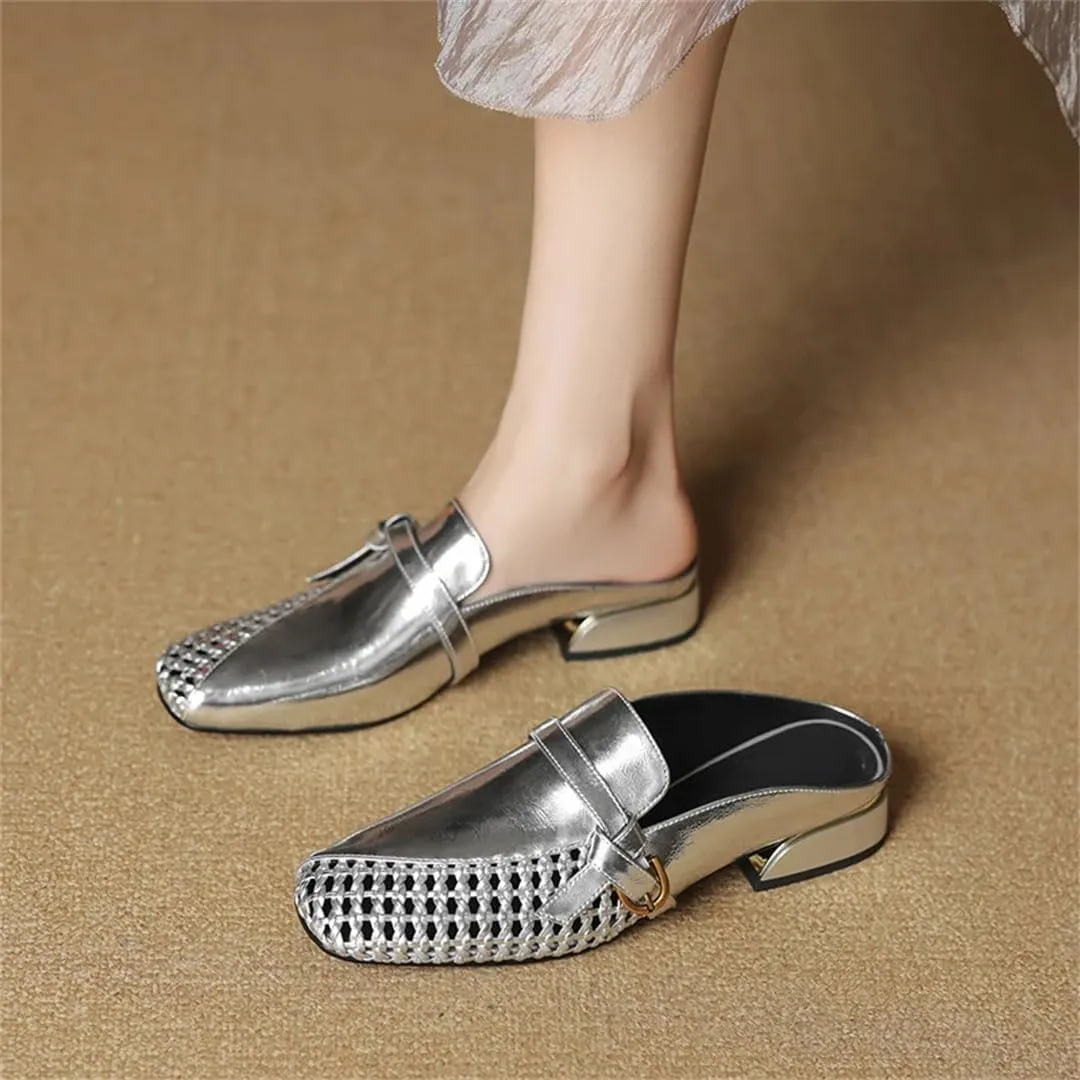 WomenS Genuine Leather Square Toe Hollow Out Chunky Mid Heel Slip-On Modern Mules for Daily Shopping and Walking
