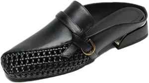 WomenS Genuine Leather Square Toe Hollow Out Chunky Mid Heel Slip-On Modern Mules for Daily Shopping and Walking