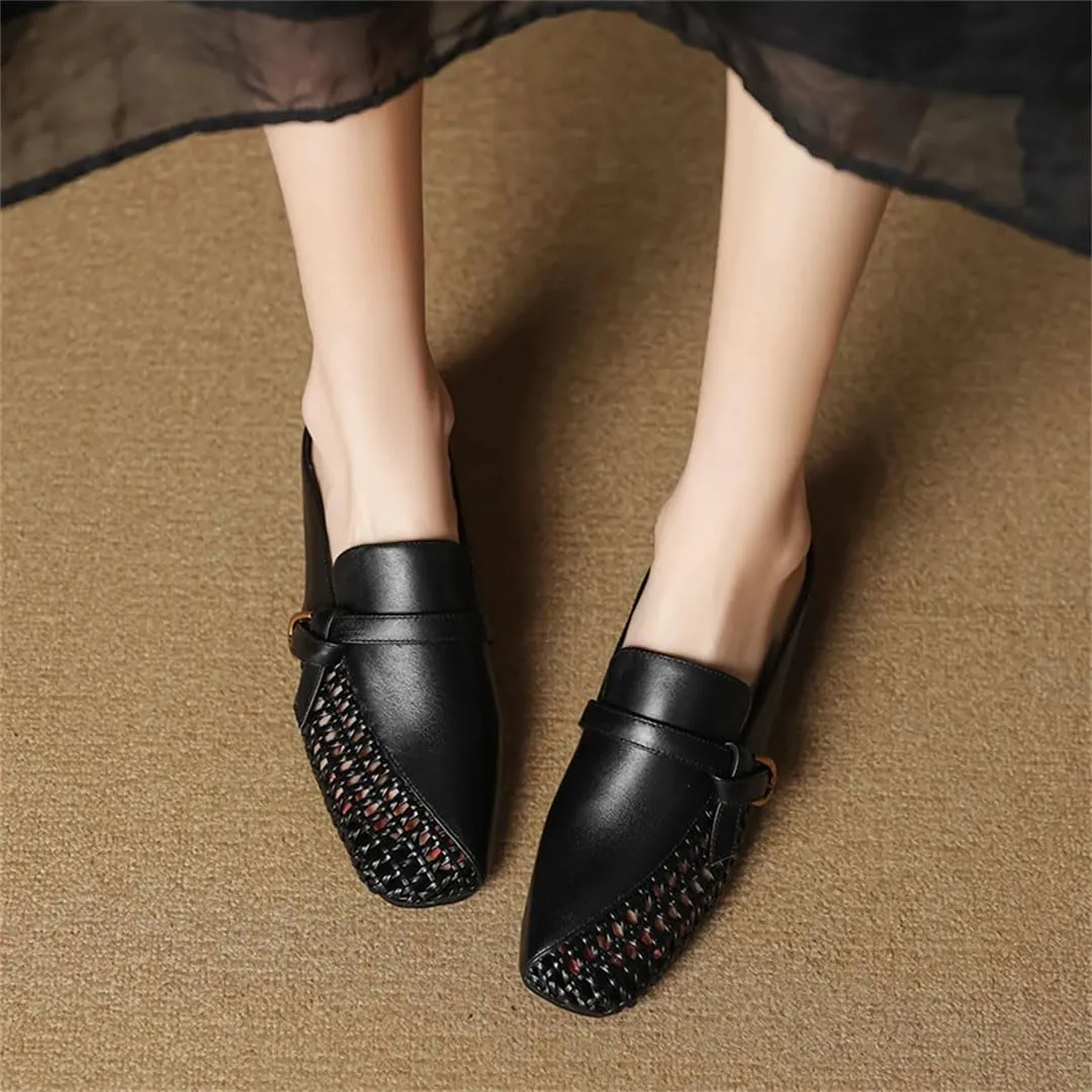 WomenS Genuine Leather Square Toe Hollow Out Chunky Mid Heel Slip-On Modern Mules for Daily Shopping and Walking