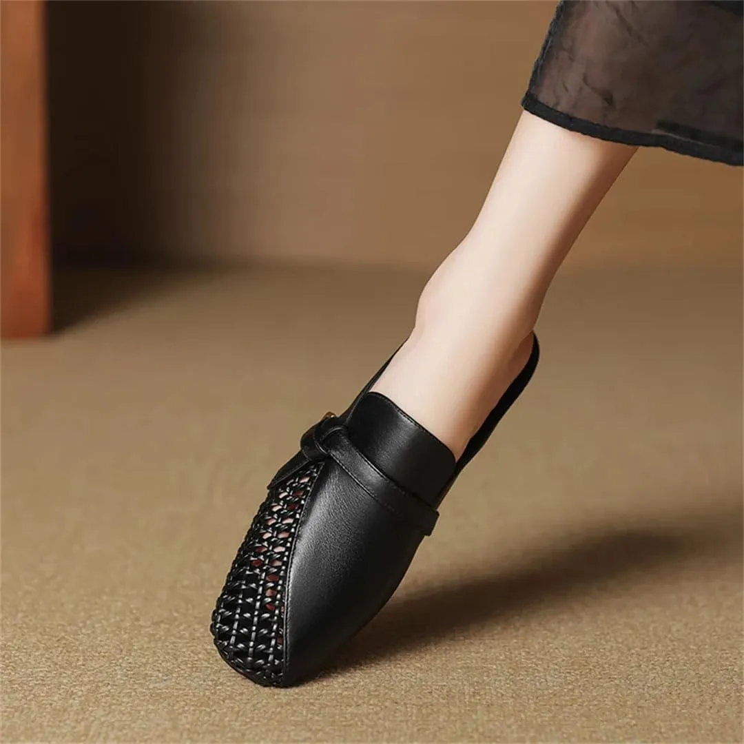 WomenS Genuine Leather Square Toe Hollow Out Chunky Mid Heel Slip-On Modern Mules for Daily Shopping and Walking