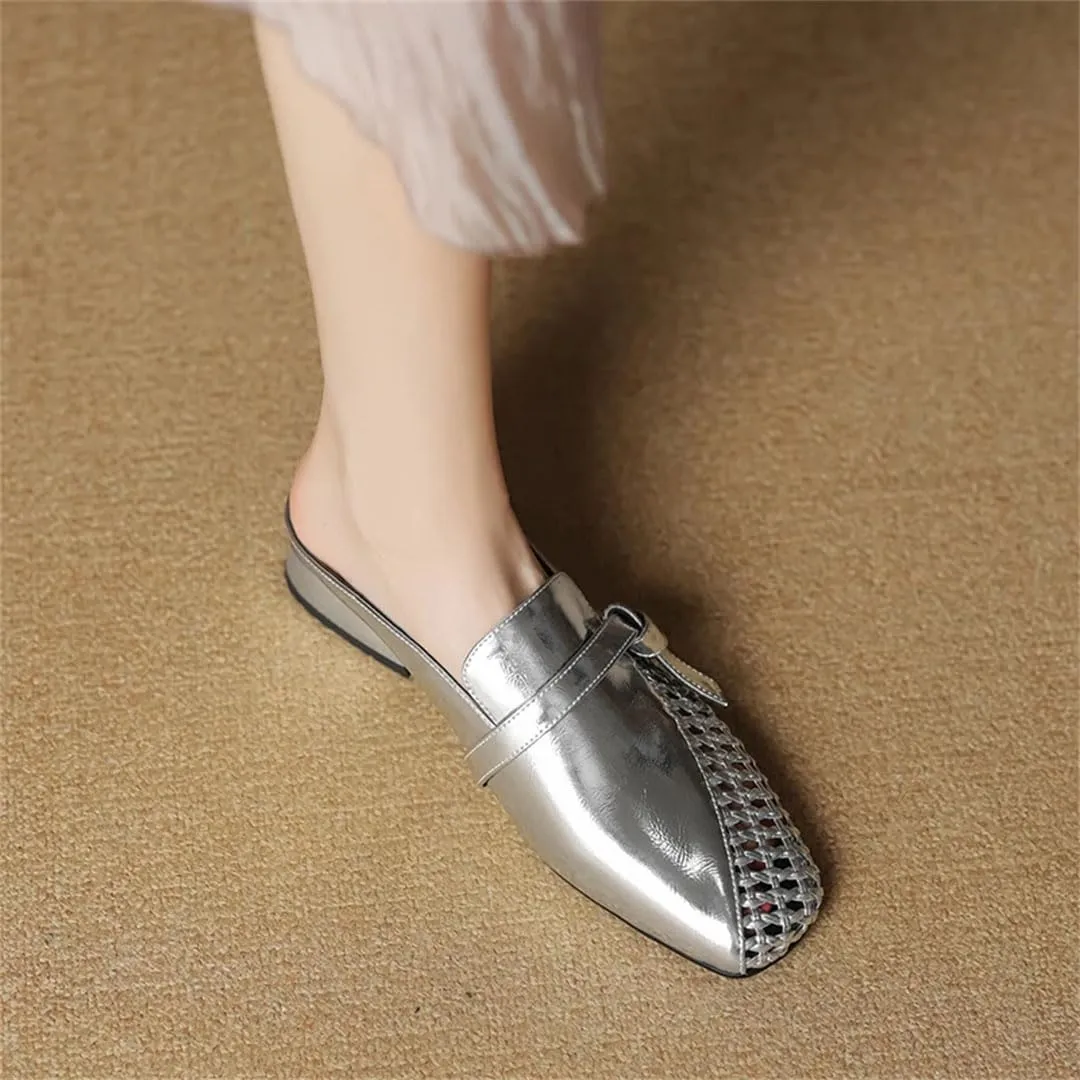 WomenS Genuine Leather Square Toe Hollow Out Chunky Mid Heel Slip-On Modern Mules for Daily Shopping and Walking