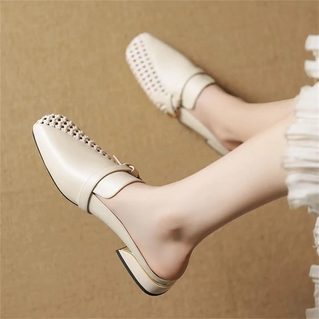 WomenS Genuine Leather Square Toe Hollow Out Chunky Mid Heel Slip-On Modern Mules for Daily Shopping and Walking