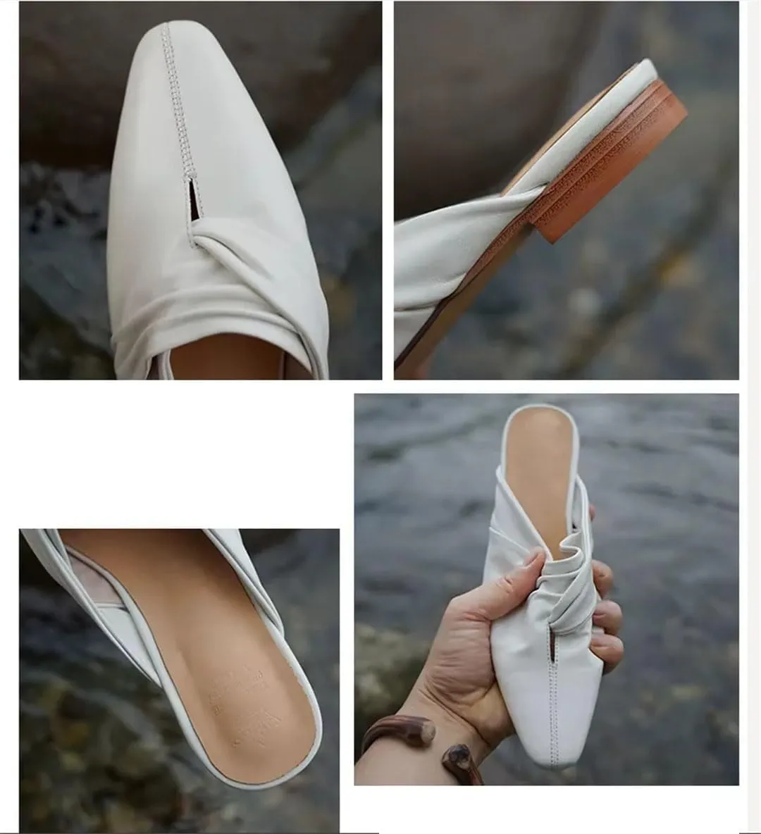 WomenS Genuine Leather Square Toe Low Square Heel Mules with Embroidery Pull-On Chic Casual Outdoor Style Mules