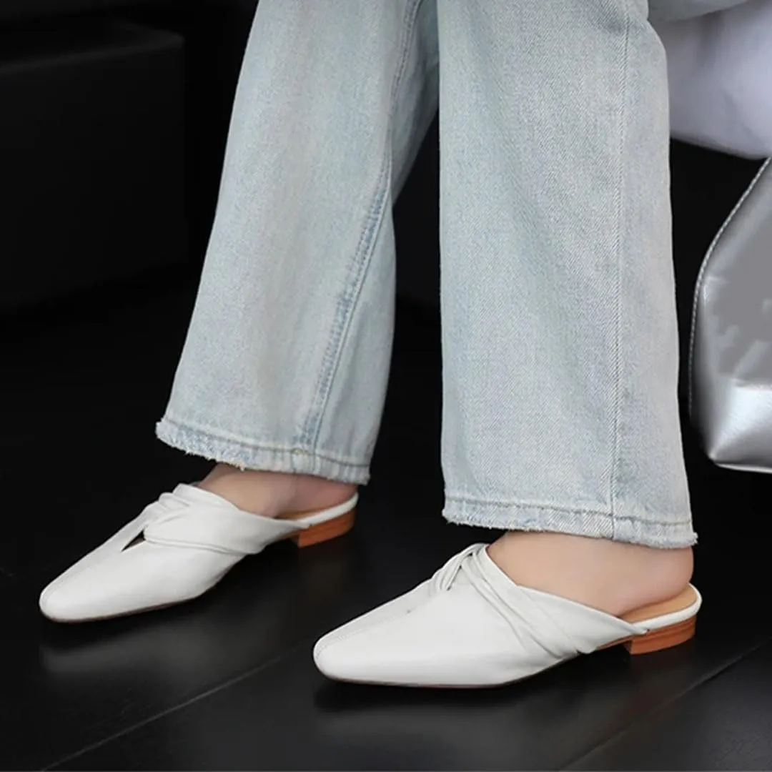 WomenS Genuine Leather Square Toe Low Square Heel Mules with Embroidery Pull-On Chic Casual Outdoor Style Mules