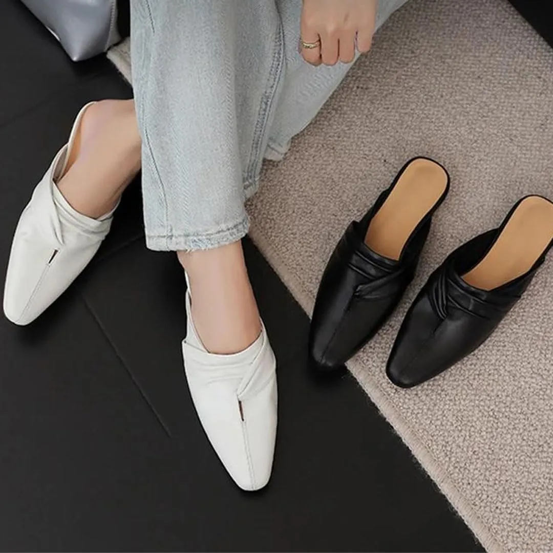 WomenS Genuine Leather Square Toe Low Square Heel Mules with Embroidery Pull-On Chic Casual Outdoor Style Mules