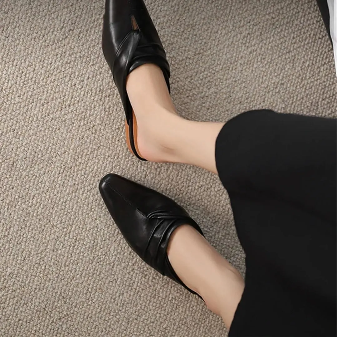 WomenS Genuine Leather Square Toe Low Square Heel Mules with Embroidery Pull-On Chic Casual Outdoor Style Mules