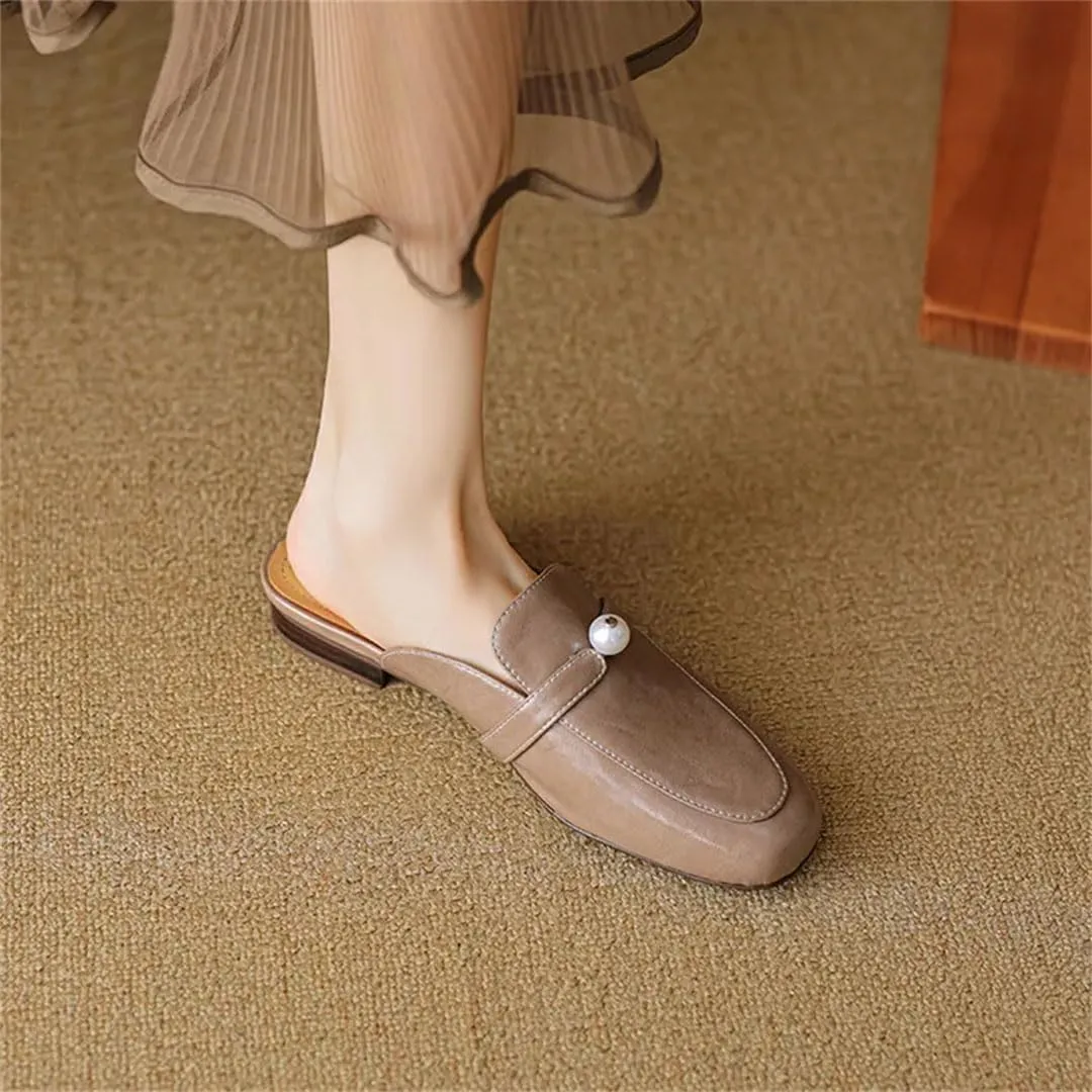 WomenS Genuine Leather Upper PU Lined Square Toe Pull On 2Cm Low Heel Comfortable Casual Mules