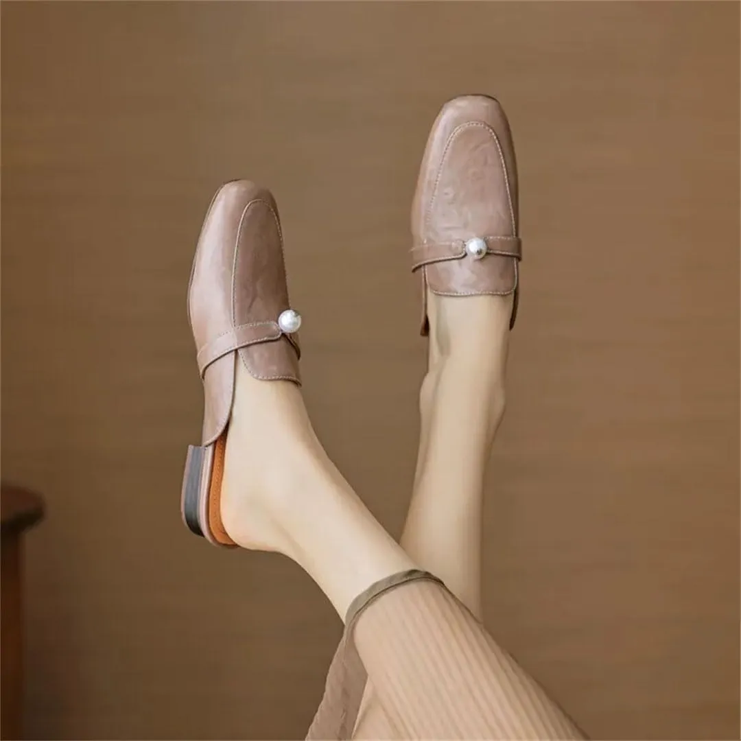 WomenS Genuine Leather Upper PU Lined Square Toe Pull On 2Cm Low Heel Comfortable Casual Mules