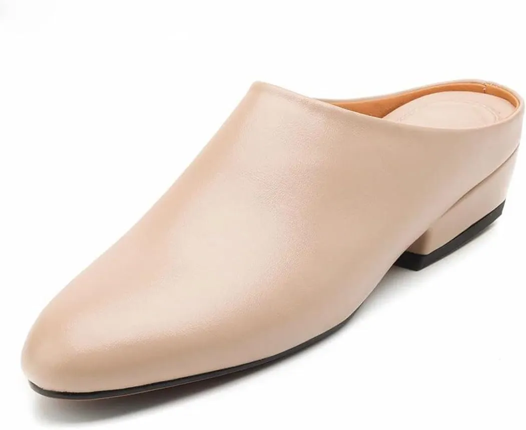 WomenS Handmade Genuine Leather Round Toe Thick Heel Slip On 3Cm Platform Low Heel Concise Casual Mules