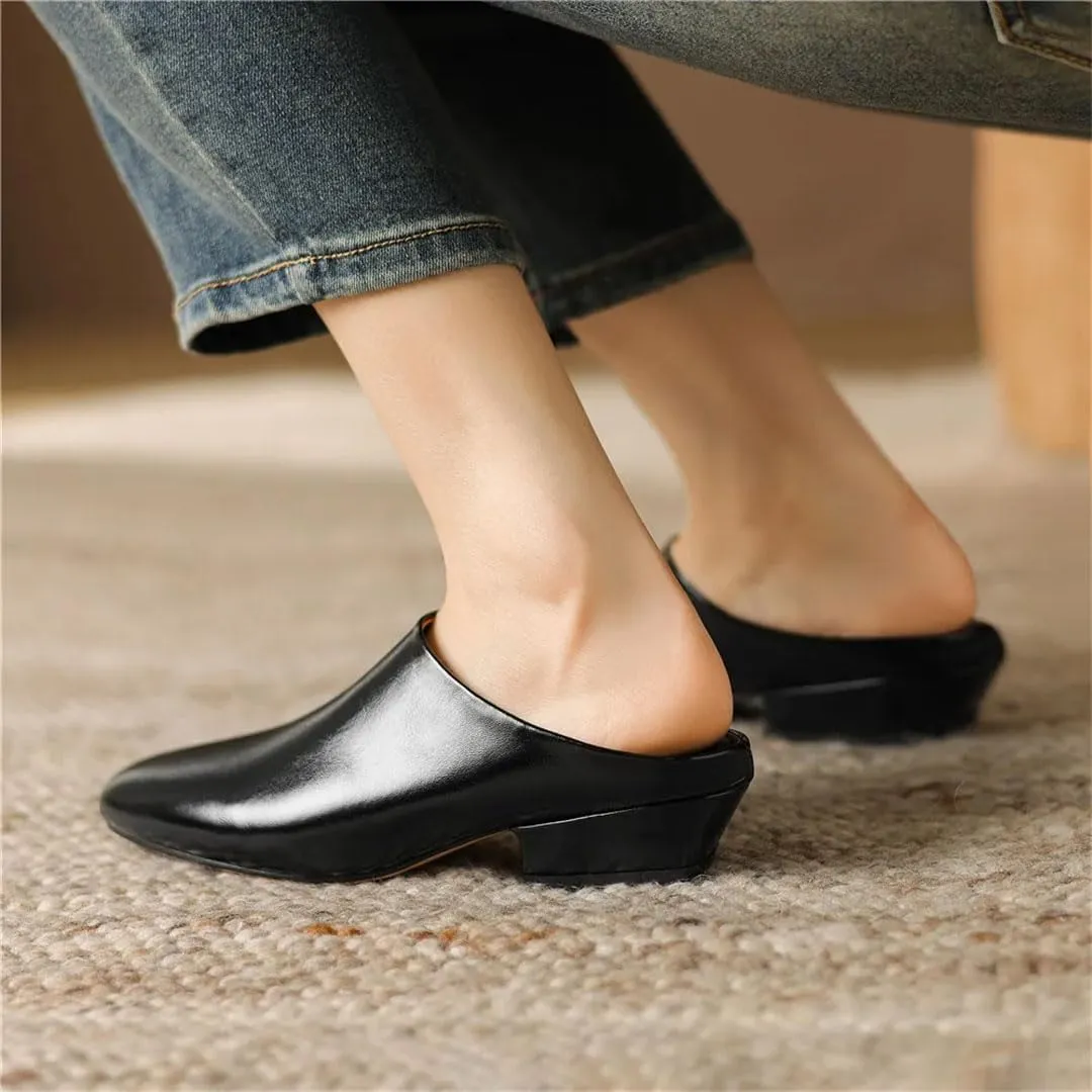 WomenS Handmade Genuine Leather Round Toe Thick Heel Slip On 3Cm Platform Low Heel Concise Casual Mules
