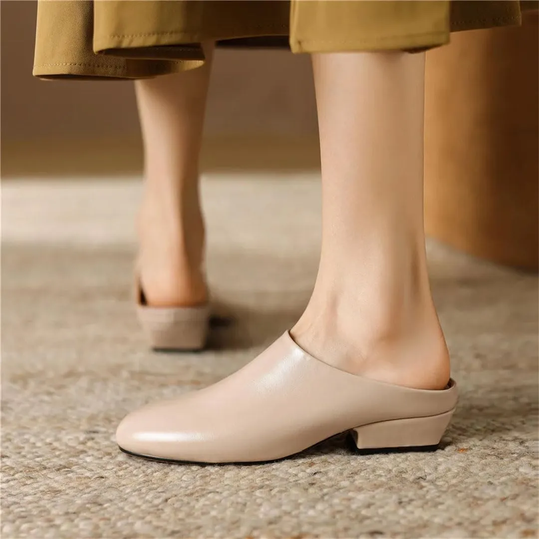 WomenS Handmade Genuine Leather Round Toe Thick Heel Slip On 3Cm Platform Low Heel Concise Casual Mules