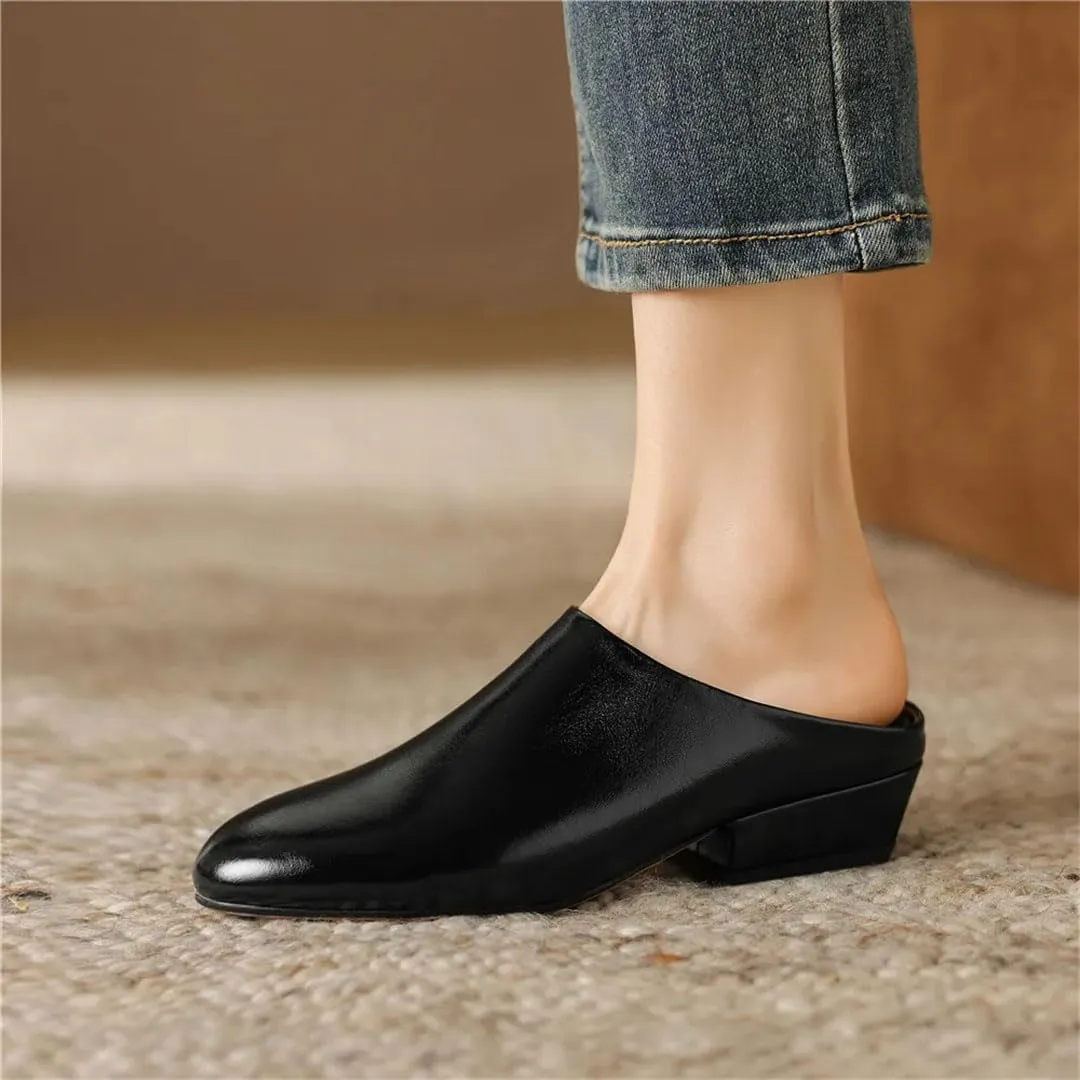 WomenS Handmade Genuine Leather Round Toe Thick Heel Slip On 3Cm Platform Low Heel Concise Casual Mules