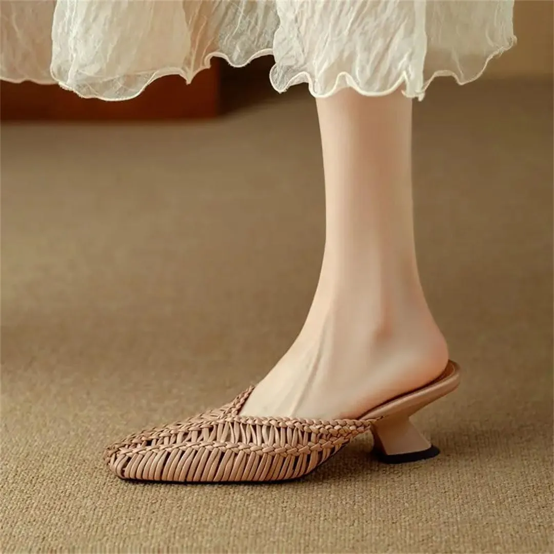 WomenS Handmade Microfiber Weave Hollow Design Unique Heel Slip On 5.5Cm High Heel Fashion Mules