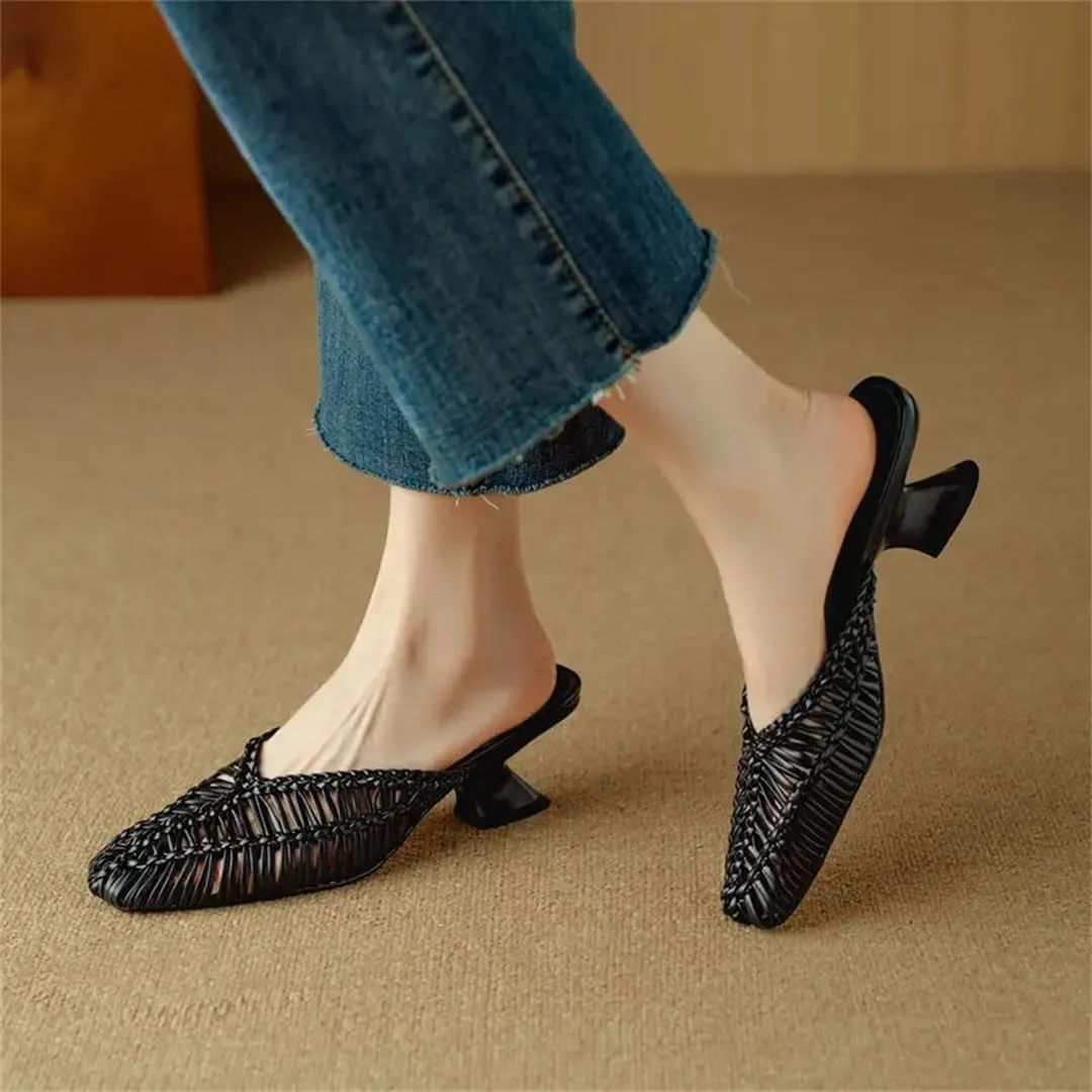 WomenS Handmade Microfiber Weave Hollow Design Unique Heel Slip On 5.5Cm High Heel Fashion Mules