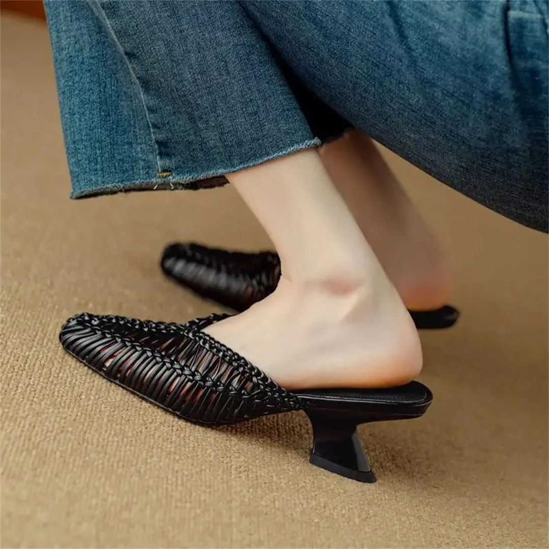 WomenS Handmade Microfiber Weave Hollow Design Unique Heel Slip On 5.5Cm High Heel Fashion Mules