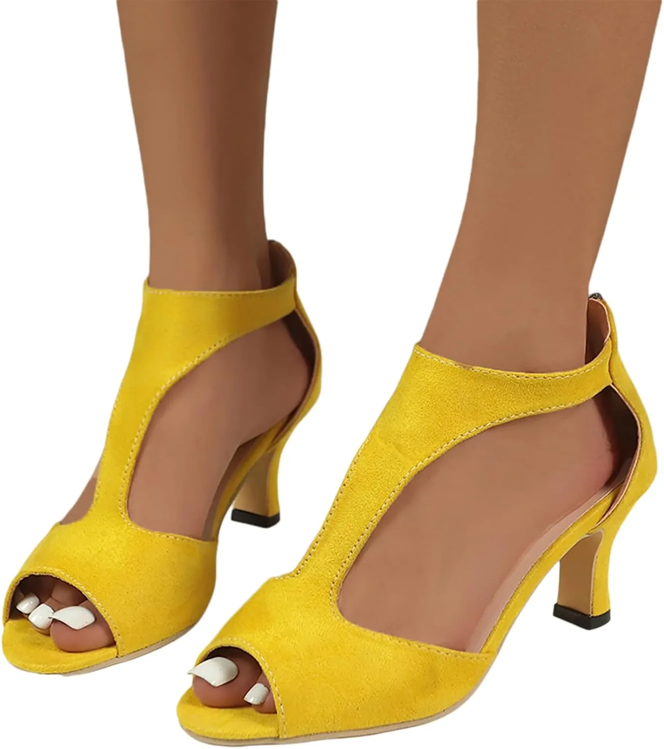 Women's High Heels Sandals Orthopedic Suede Summer Open Toe Booties Dress Party Side Cutout Shoes Sexy Womens Back Zipper Fish Mouth Casual Leather Comfortable Strappy Mules Sandal