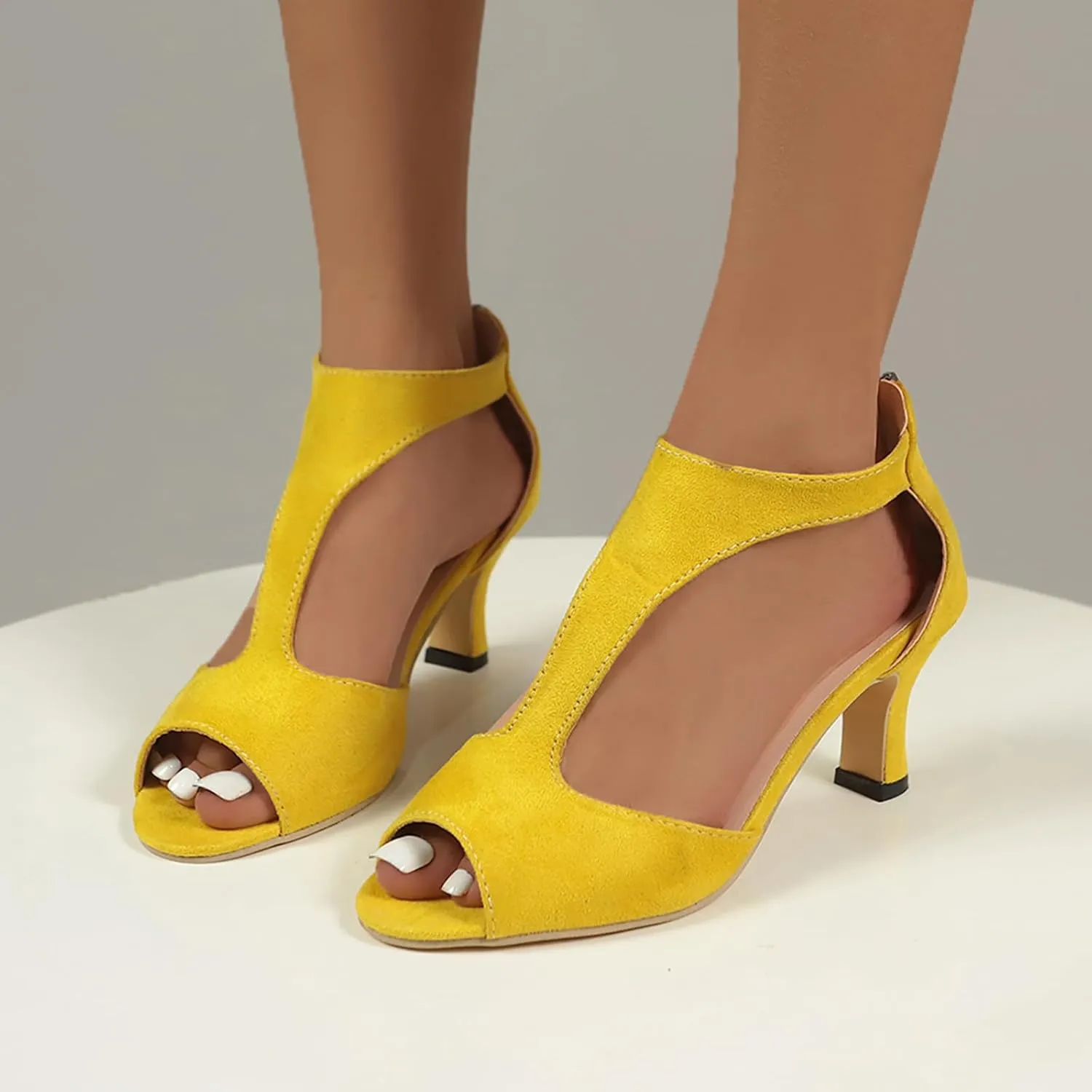 Women's High Heels Sandals Orthopedic Suede Summer Open Toe Booties Dress Party Side Cutout Shoes Sexy Womens Back Zipper Fish Mouth Casual Leather Comfortable Strappy Mules Sandal