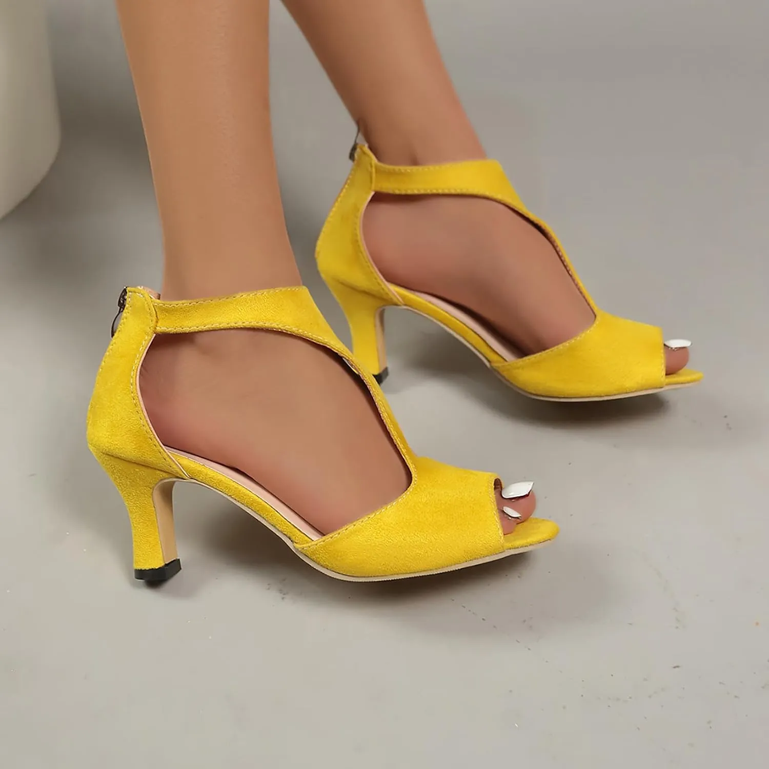 Women's High Heels Sandals Orthopedic Suede Summer Open Toe Booties Dress Party Side Cutout Shoes Sexy Womens Back Zipper Fish Mouth Casual Leather Comfortable Strappy Mules Sandal