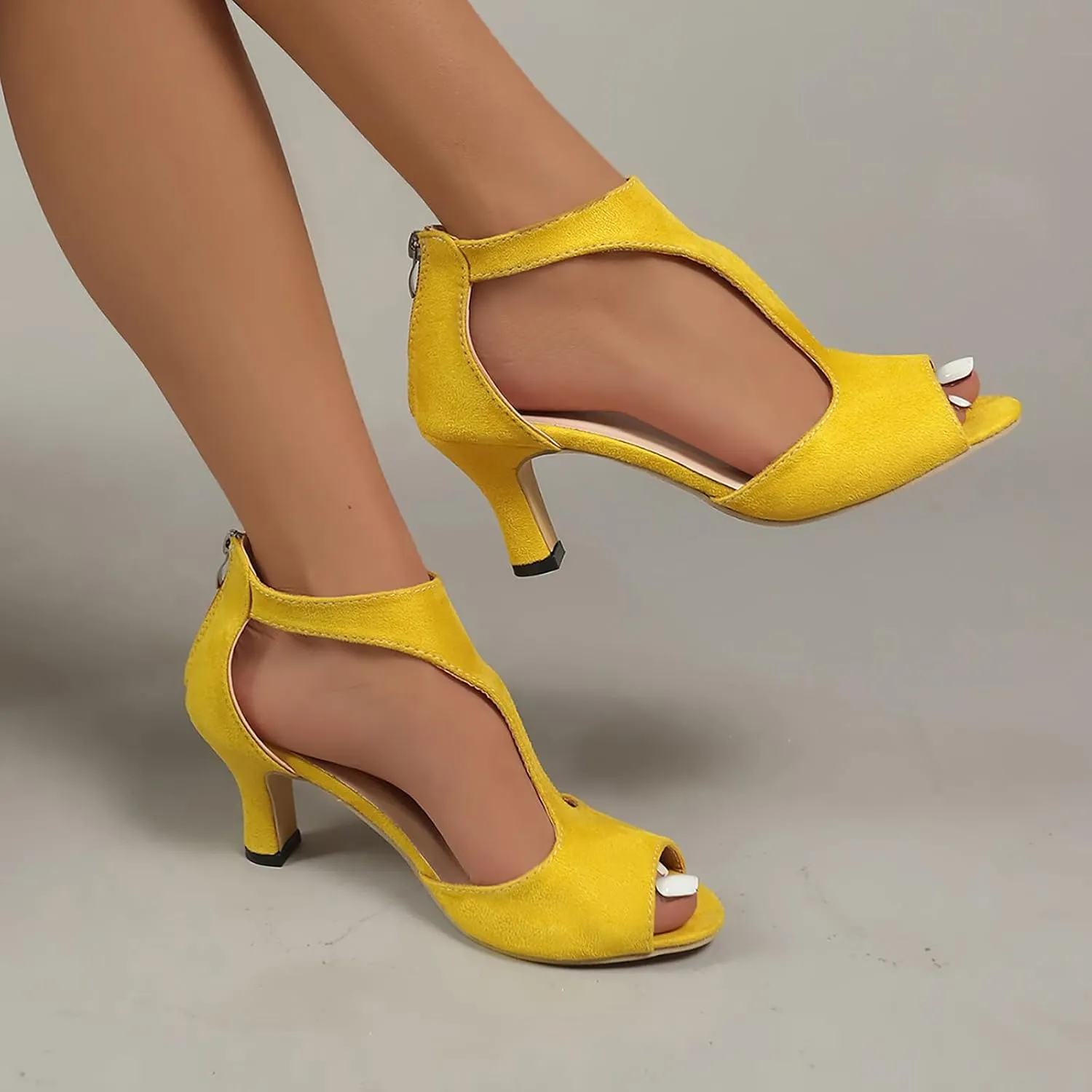 Women's High Heels Sandals Orthopedic Suede Summer Open Toe Booties Dress Party Side Cutout Shoes Sexy Womens Back Zipper Fish Mouth Casual Leather Comfortable Strappy Mules Sandal