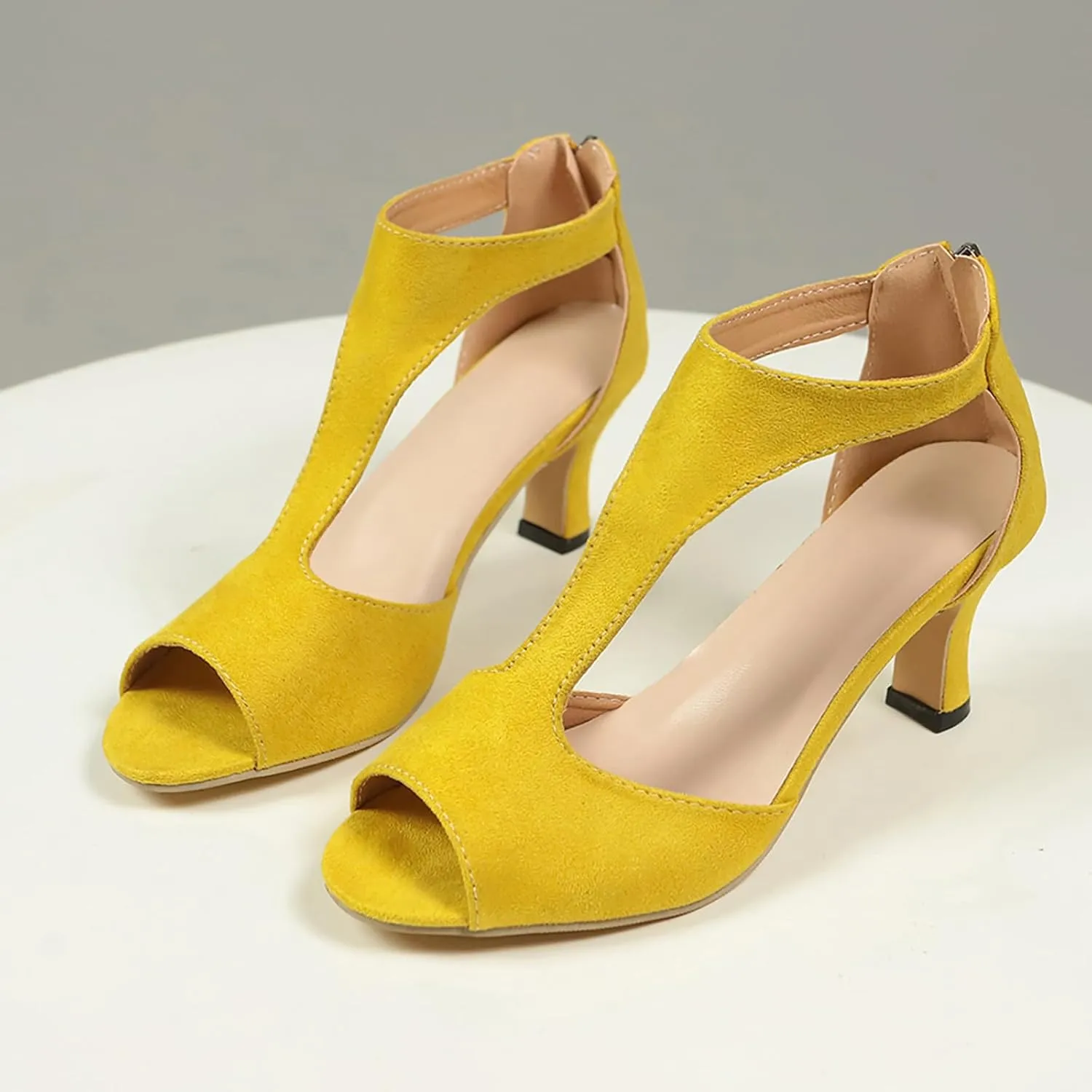 Women's High Heels Sandals Orthopedic Suede Summer Open Toe Booties Dress Party Side Cutout Shoes Sexy Womens Back Zipper Fish Mouth Casual Leather Comfortable Strappy Mules Sandal
