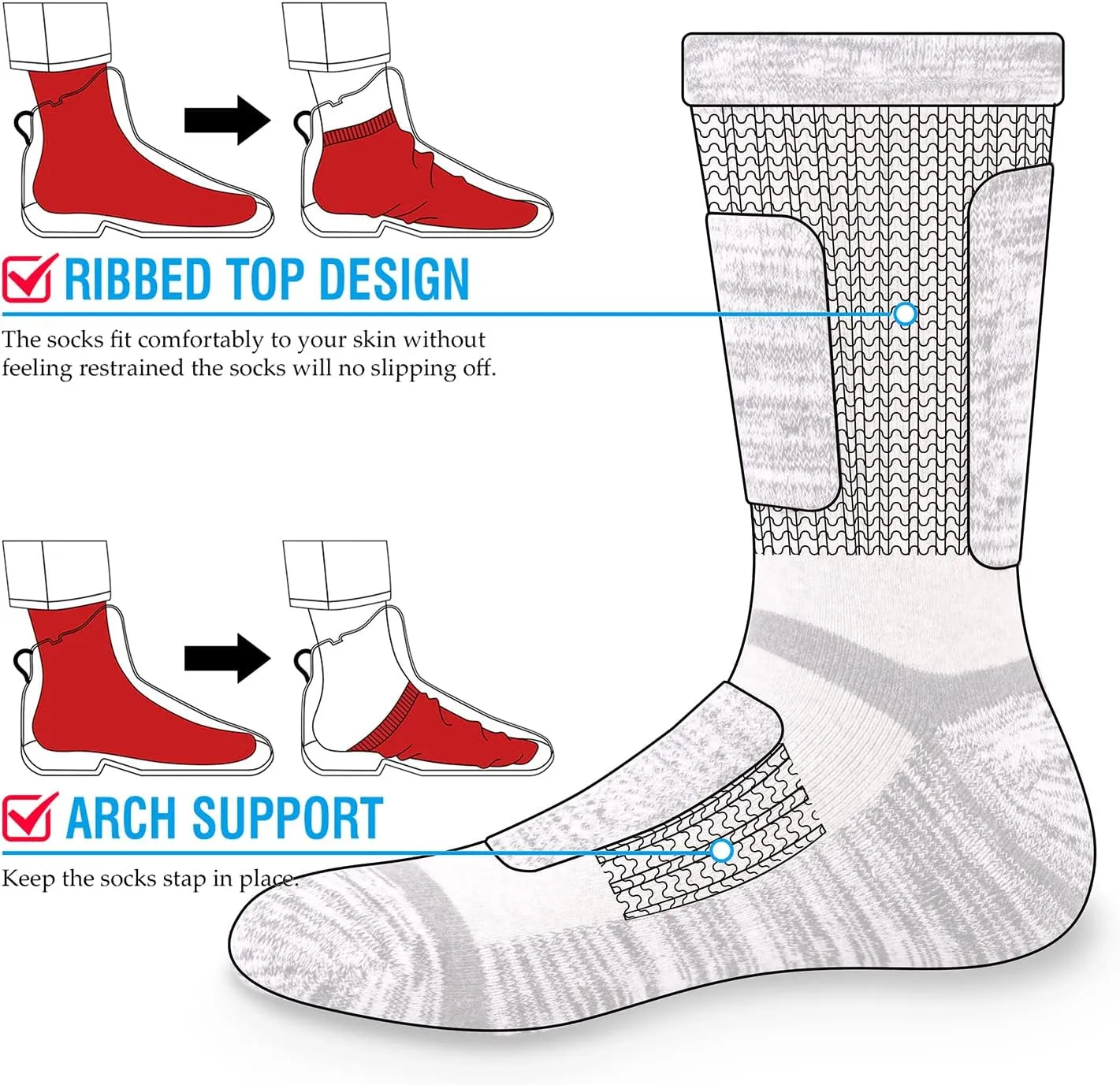 Womens Hiking Socks Moisture Wicking Cotton Work Boot Socks For Womens Size 6-9/9-11, 5 Pairs