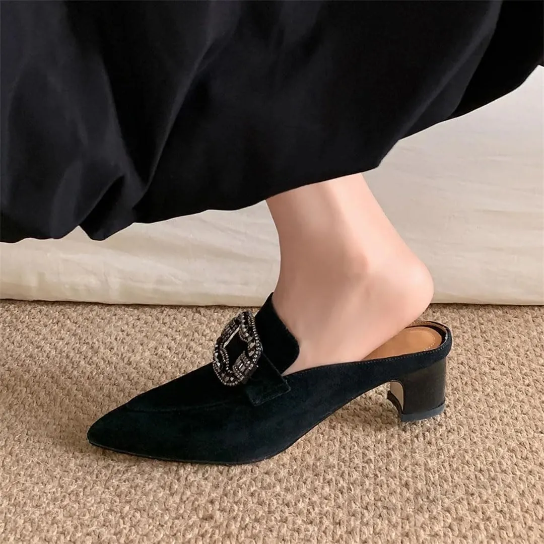 WomenS Kid Suede Pointed Toe Comfortable Mid Heel Slip-On Elegant Mules with Rhinestones for Daily Shopping and Walking