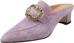 WomenS Kid Suede Pointed Toe Comfortable Mid Heel Slip-On Elegant Mules with Rhinestones for Daily Shopping and Walking