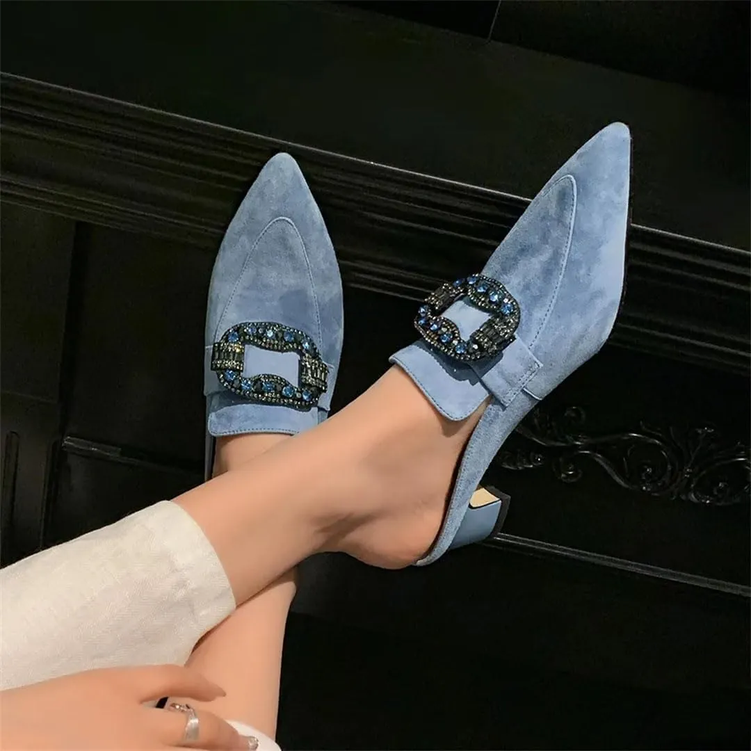 WomenS Kid Suede Pointed Toe Comfortable Mid Heel Slip-On Elegant Mules with Rhinestones for Daily Shopping and Walking