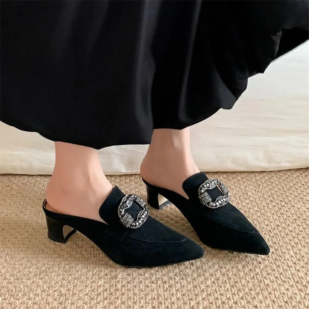 WomenS Kid Suede Pointed Toe Comfortable Mid Heel Slip-On Elegant Mules with Rhinestones for Daily Shopping and Walking