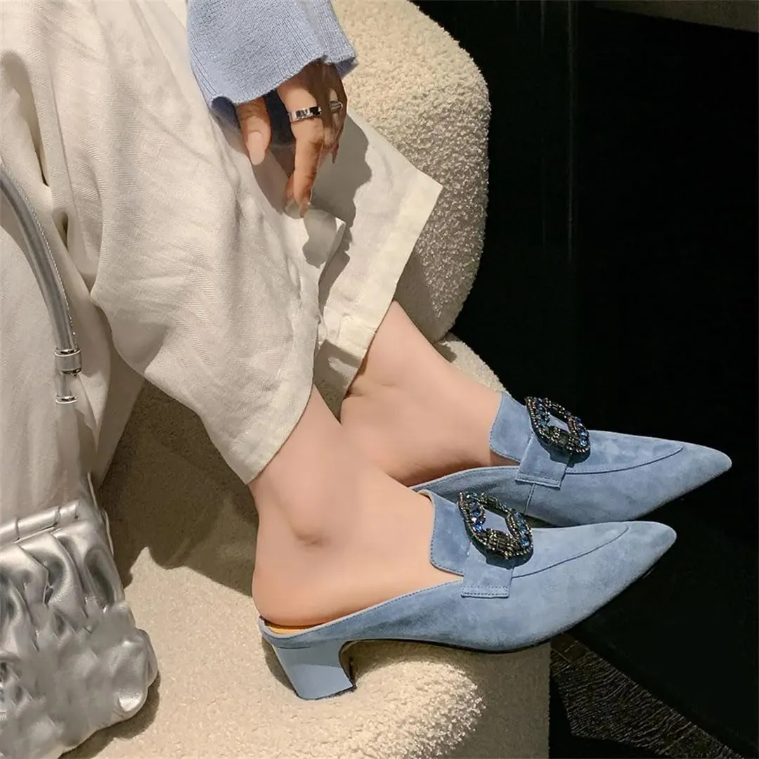 WomenS Kid Suede Pointed Toe Comfortable Mid Heel Slip-On Elegant Mules with Rhinestones for Daily Shopping and Walking
