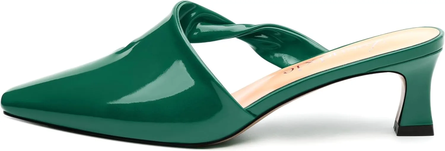 Women's Kitten Heel Mules, Square Toe Patent Low Heel Sandals, Slip On Low Heeled Slippers, Fashion Wedding Dressy Pump Shoes 2 Inch