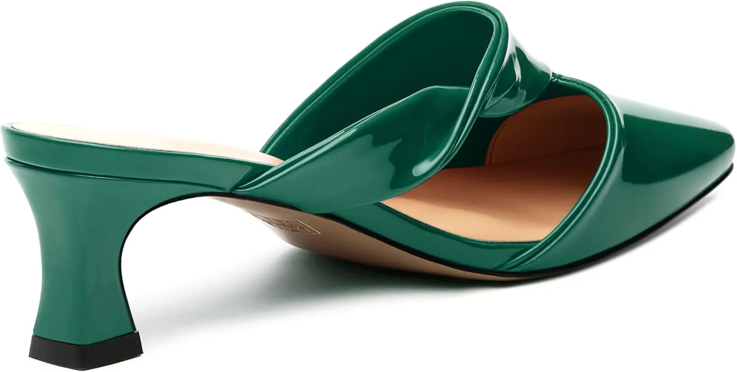 Women's Kitten Heel Mules, Square Toe Patent Low Heel Sandals, Slip On Low Heeled Slippers, Fashion Wedding Dressy Pump Shoes 2 Inch