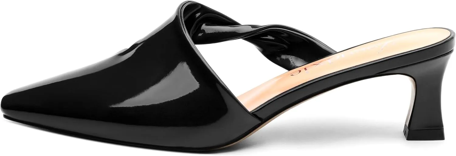 Women's Kitten Heel Mules, Square Toe Patent Low Heel Sandals, Slip On Low Heeled Slippers, Fashion Wedding Dressy Pump Shoes 2 Inch