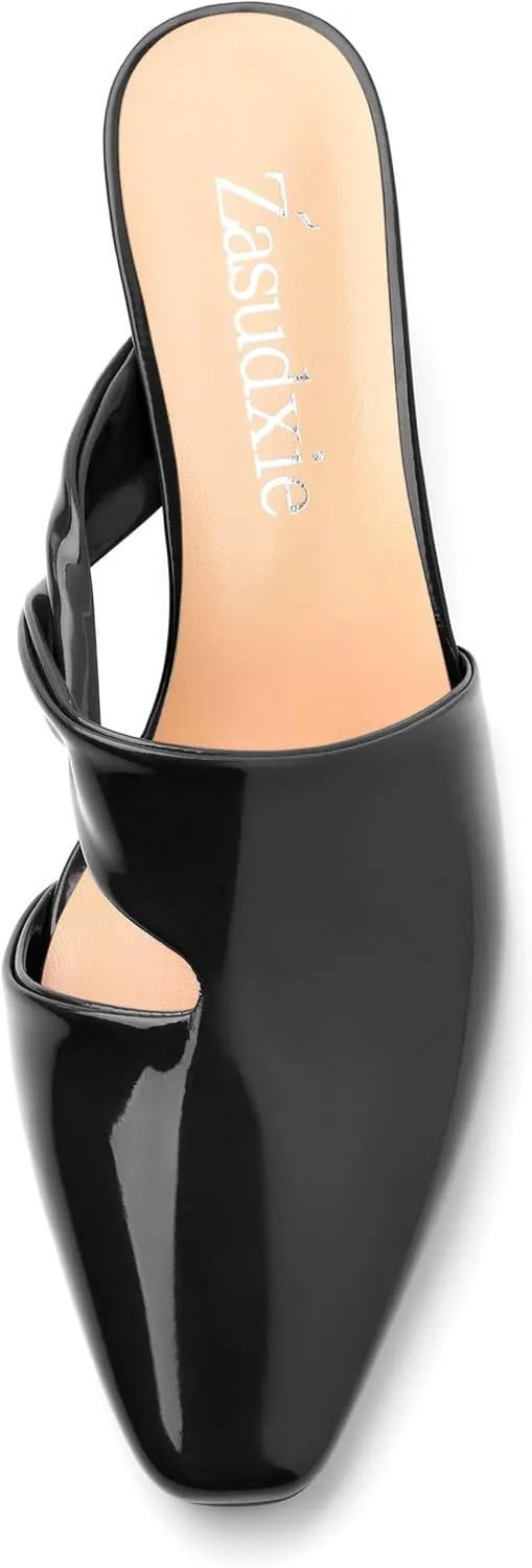 Women's Kitten Heel Mules, Square Toe Patent Low Heel Sandals, Slip On Low Heeled Slippers, Fashion Wedding Dressy Pump Shoes 2 Inch