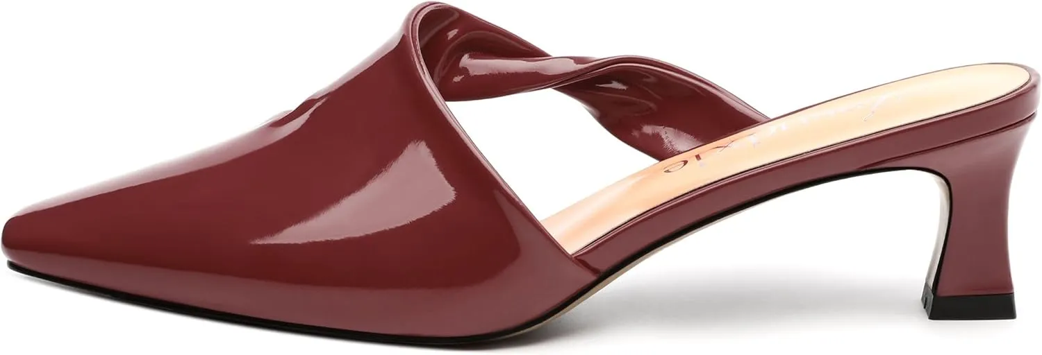 Women's Kitten Heel Mules, Square Toe Patent Low Heel Sandals, Slip On Low Heeled Slippers, Fashion Wedding Dressy Pump Shoes 2 Inch