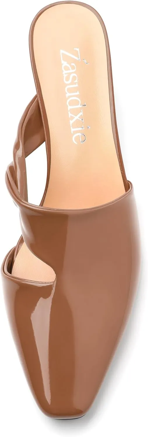 Women's Kitten Heel Mules, Square Toe Patent Low Heel Sandals, Slip On Low Heeled Slippers, Fashion Wedding Dressy Pump Shoes 2 Inch