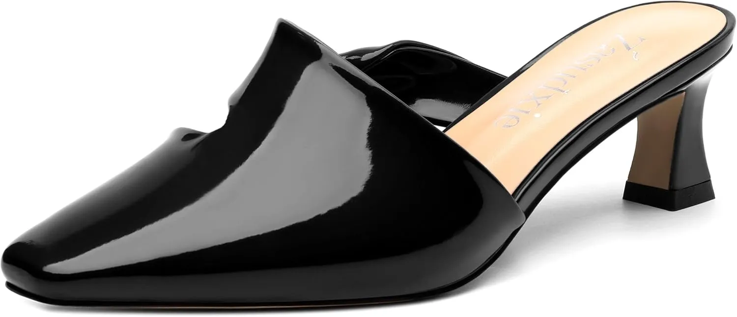Women's Kitten Heel Mules, Square Toe Patent Low Heel Sandals, Slip On Low Heeled Slippers, Fashion Wedding Dressy Pump Shoes 2 Inch