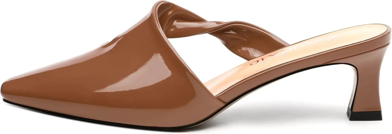 Women's Kitten Heel Mules, Square Toe Patent Low Heel Sandals, Slip On Low Heeled Slippers, Fashion Wedding Dressy Pump Shoes 2 Inch