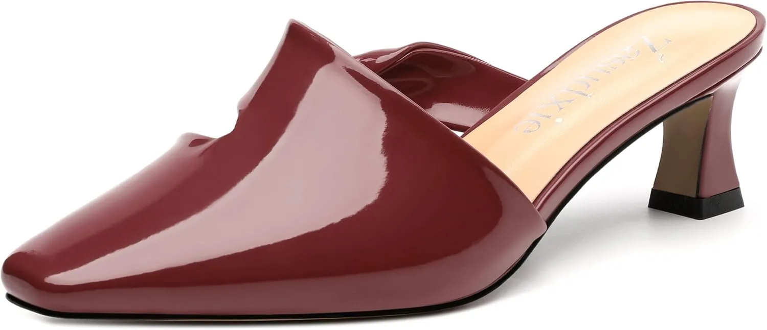 Women's Kitten Heel Mules, Square Toe Patent Low Heel Sandals, Slip On Low Heeled Slippers, Fashion Wedding Dressy Pump Shoes 2 Inch