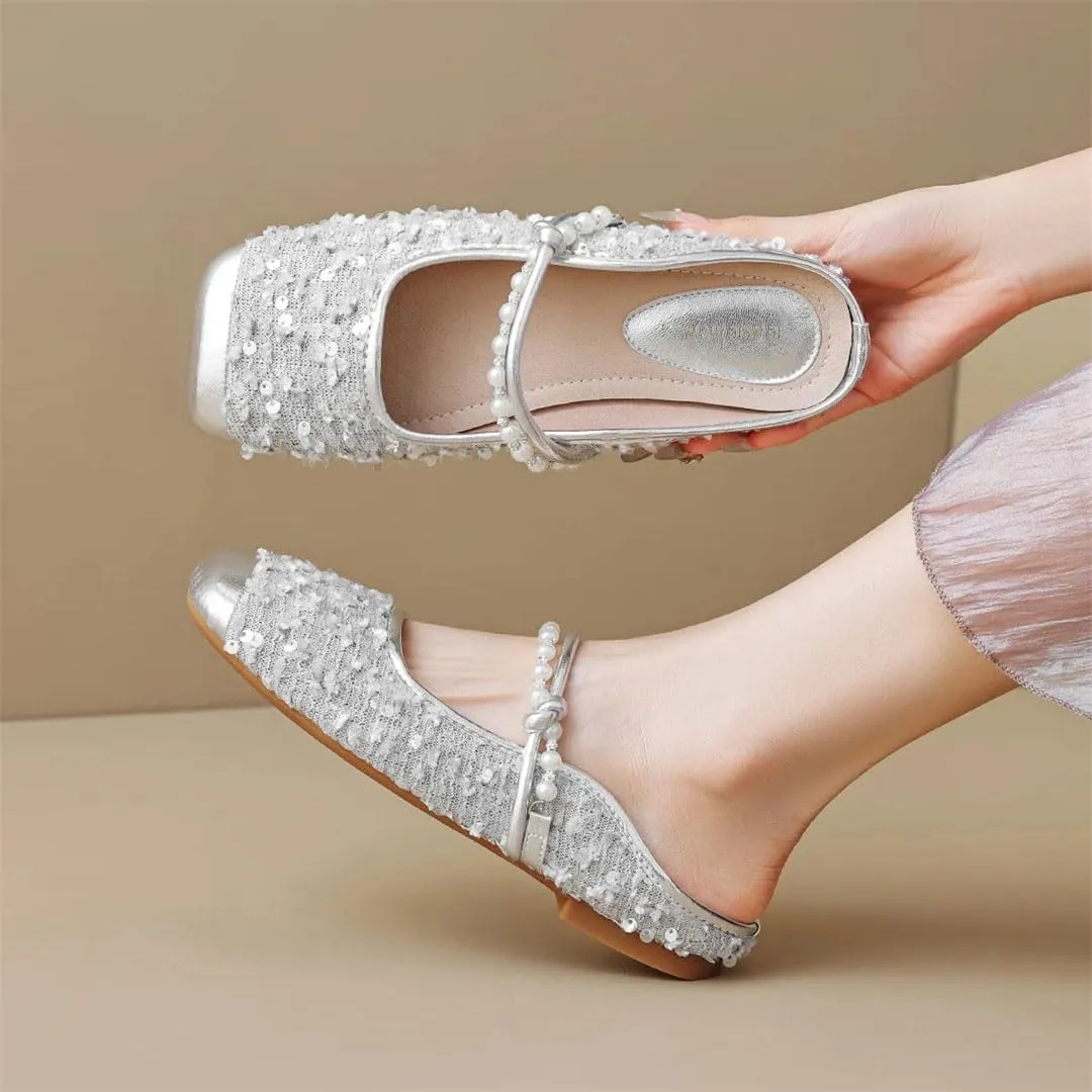 WomenS Korean Style Flat Heel String Bead Viscose Pull On Fashion Mules for Daily Shopping and Walking