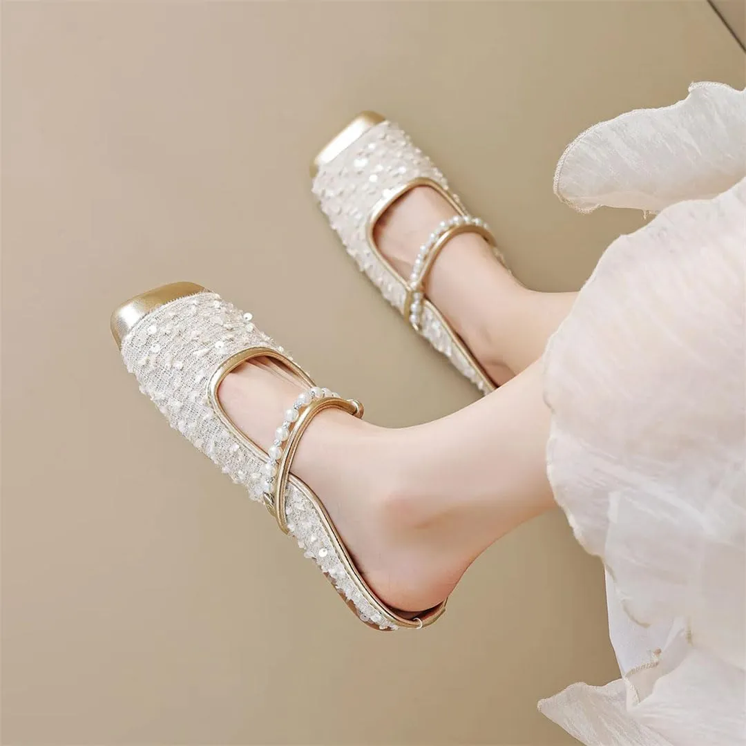 WomenS Korean Style Flat Heel String Bead Viscose Pull On Fashion Mules for Daily Shopping and Walking
