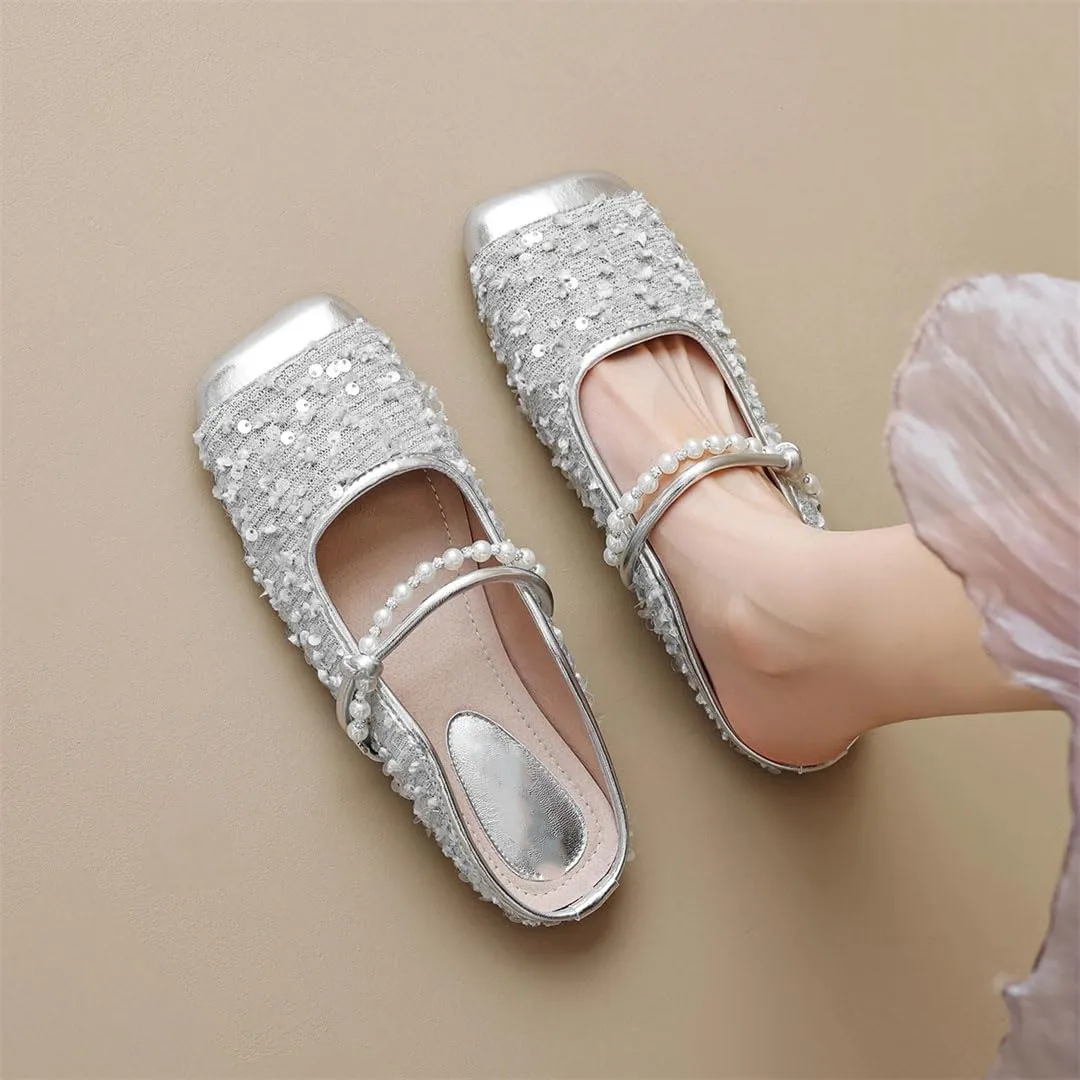 WomenS Korean Style Flat Heel String Bead Viscose Pull On Fashion Mules for Daily Shopping and Walking