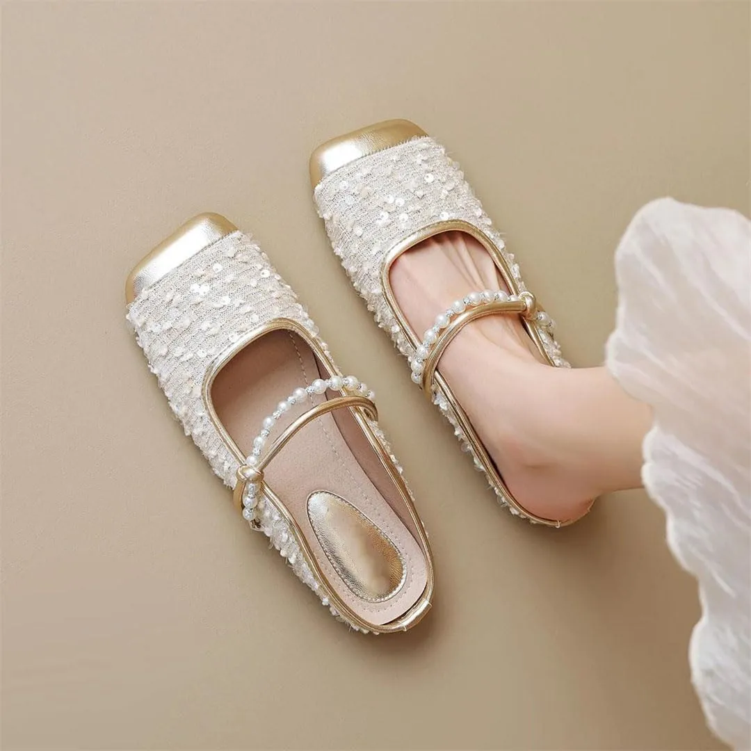 WomenS Korean Style Flat Heel String Bead Viscose Pull On Fashion Mules for Daily Shopping and Walking
