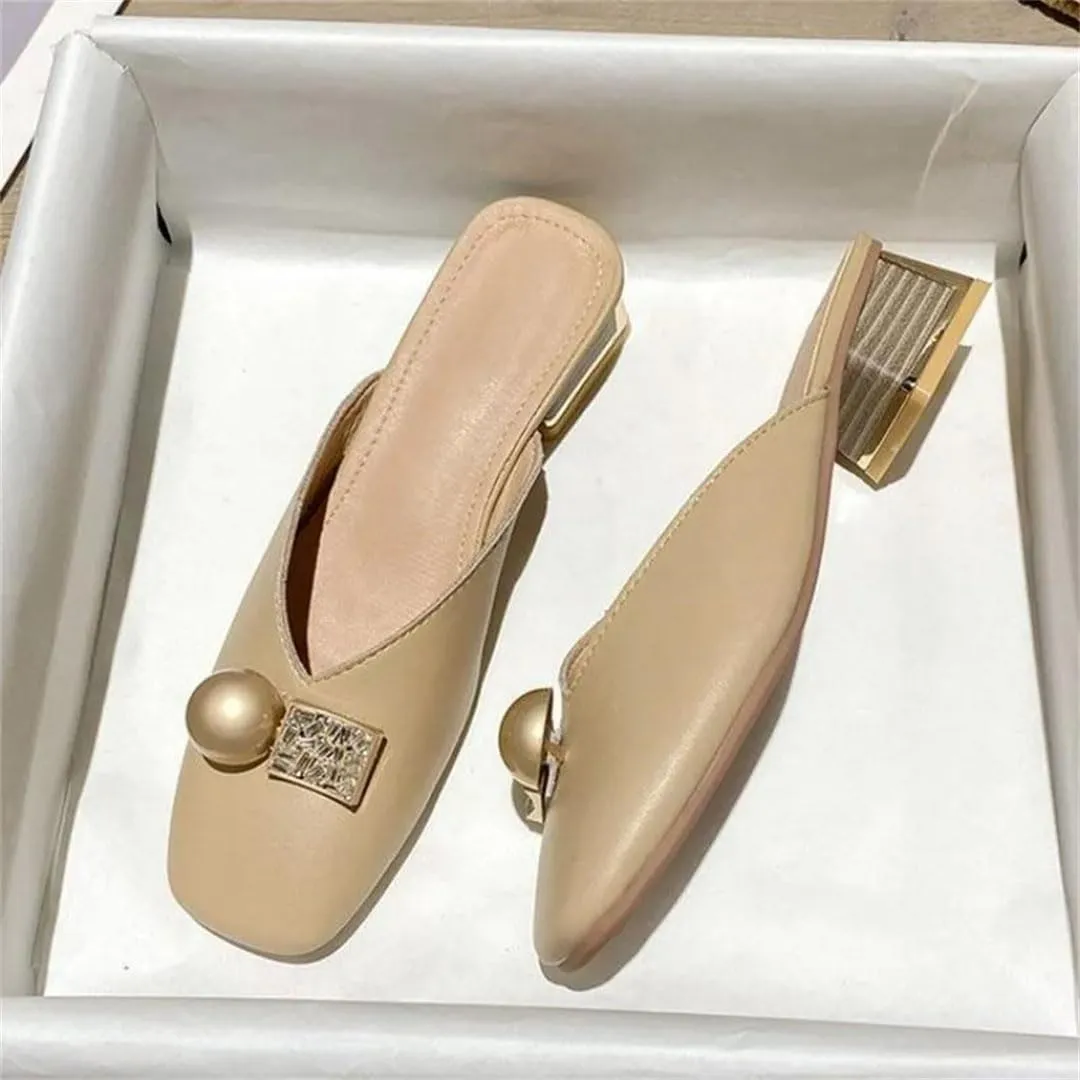 WomenS Korean Style Low Square Heel Metal Decoration PU Leather Pull On Mules for Daily Shopping and Walking